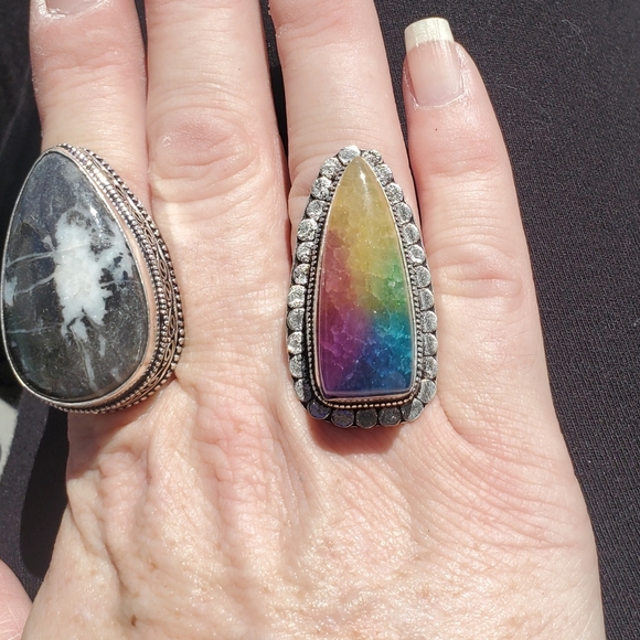 New Oversized Rainbow Solar Agate Quartz 925 Silver Statement Ring. - Picture 9 of 16